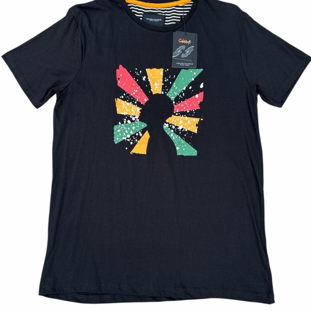 Denim & Flower Black Tee with Vibrant Graphic